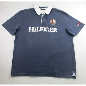 VTG Tommy Hilfiger Shirt Mens 2XL Blue White Rugby‎ Polo Crest Patch Number 8